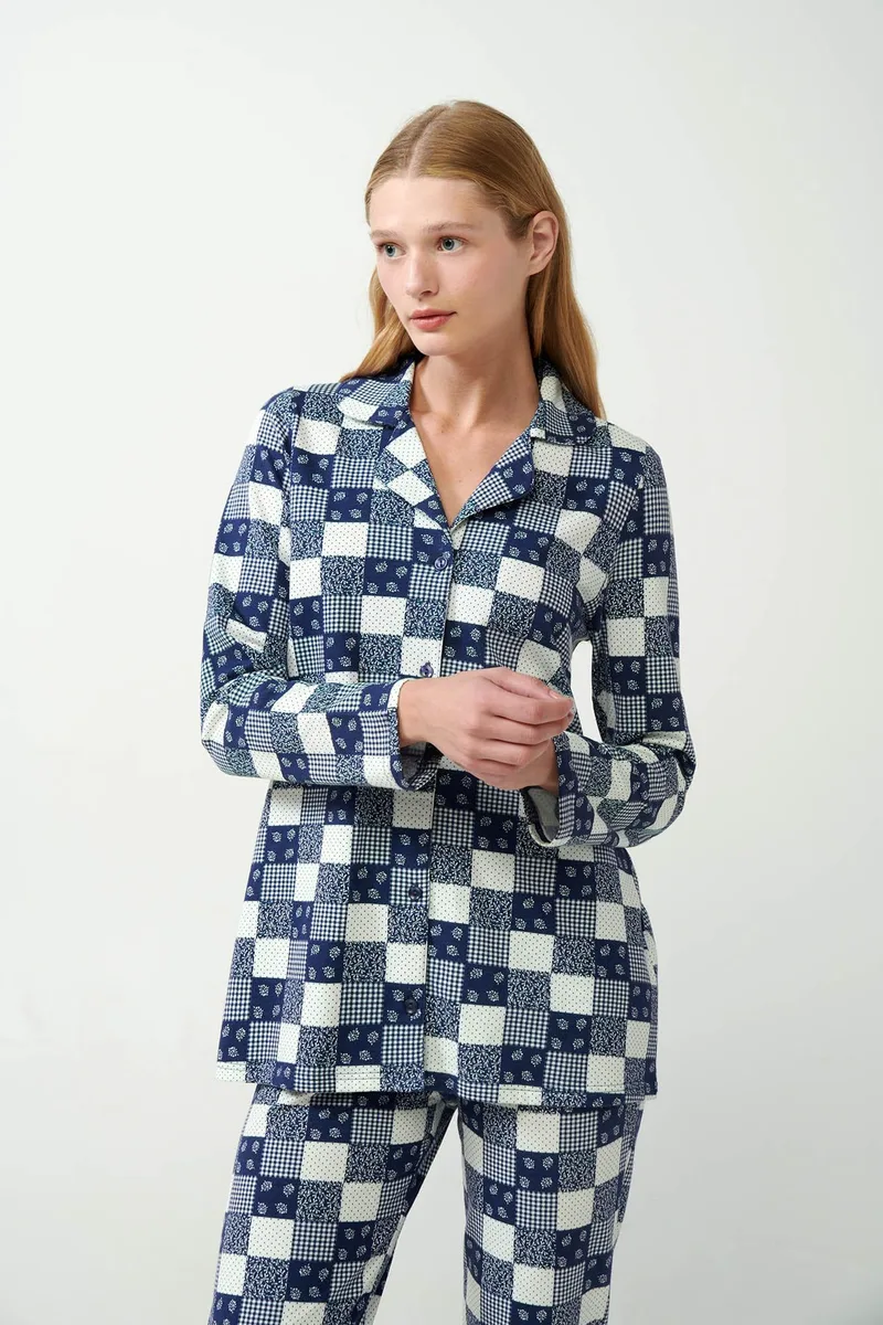 Vamp Κουμπωτή Πυτζάμα Φούτερ με Patchwork Μοτίβο