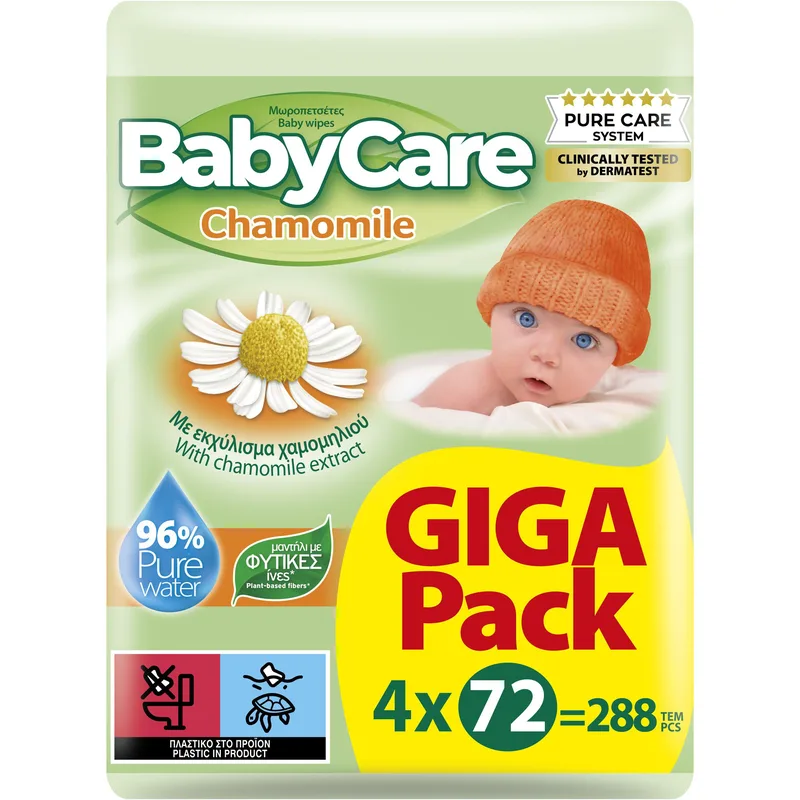 BabyCare Chamomile Baby Wipes GigaPack Μωρομάντηλα για τον Απαλό Καθημερινό Καθαρισμό του Βρεφικού Δέρματος 288 Τεμάχια (4x72 Τεμάχια)