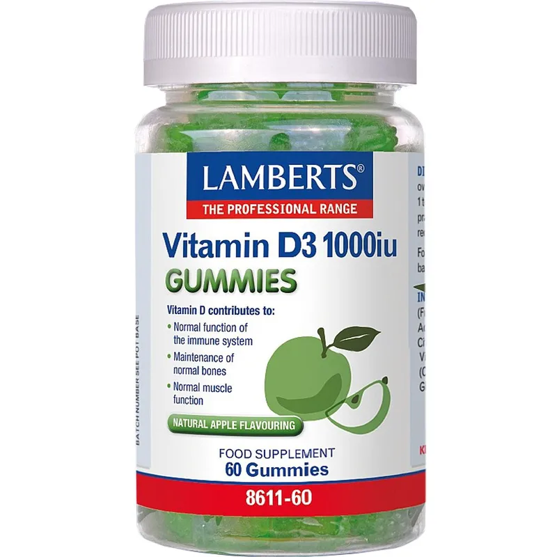 Lamberts Vitamin D3 1000iu Gummies Συμπλήρωμα Διατροφής Βιταμίνης D3 για την Υποστήριξη του Ανοσοποιητικού Συστήματος & την Καλή Υγεία των Δοντιών & Οστών με Γεύση Πράσινο Μήλο 60 Ζελεδάκια