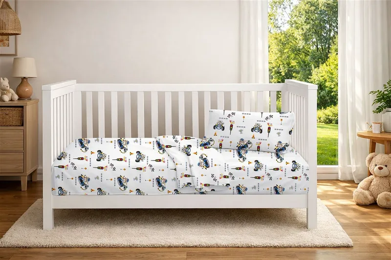 Σεντόνια Εμπριμέ Σετ 3 τεμ bebe Animal Grand Prix 589 120X160 White-Blue 100% Cotton