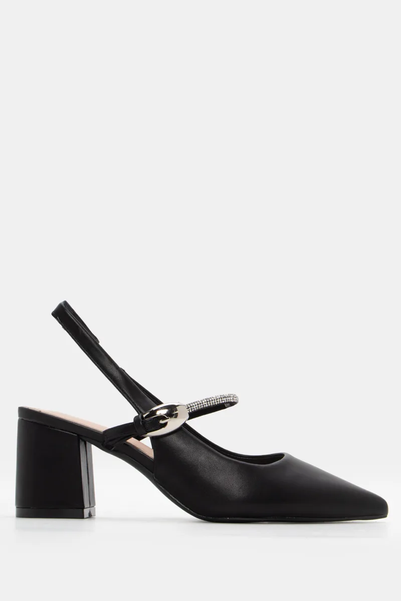 Γόβες Μυτερές Slingback με Strass - Μαύρο