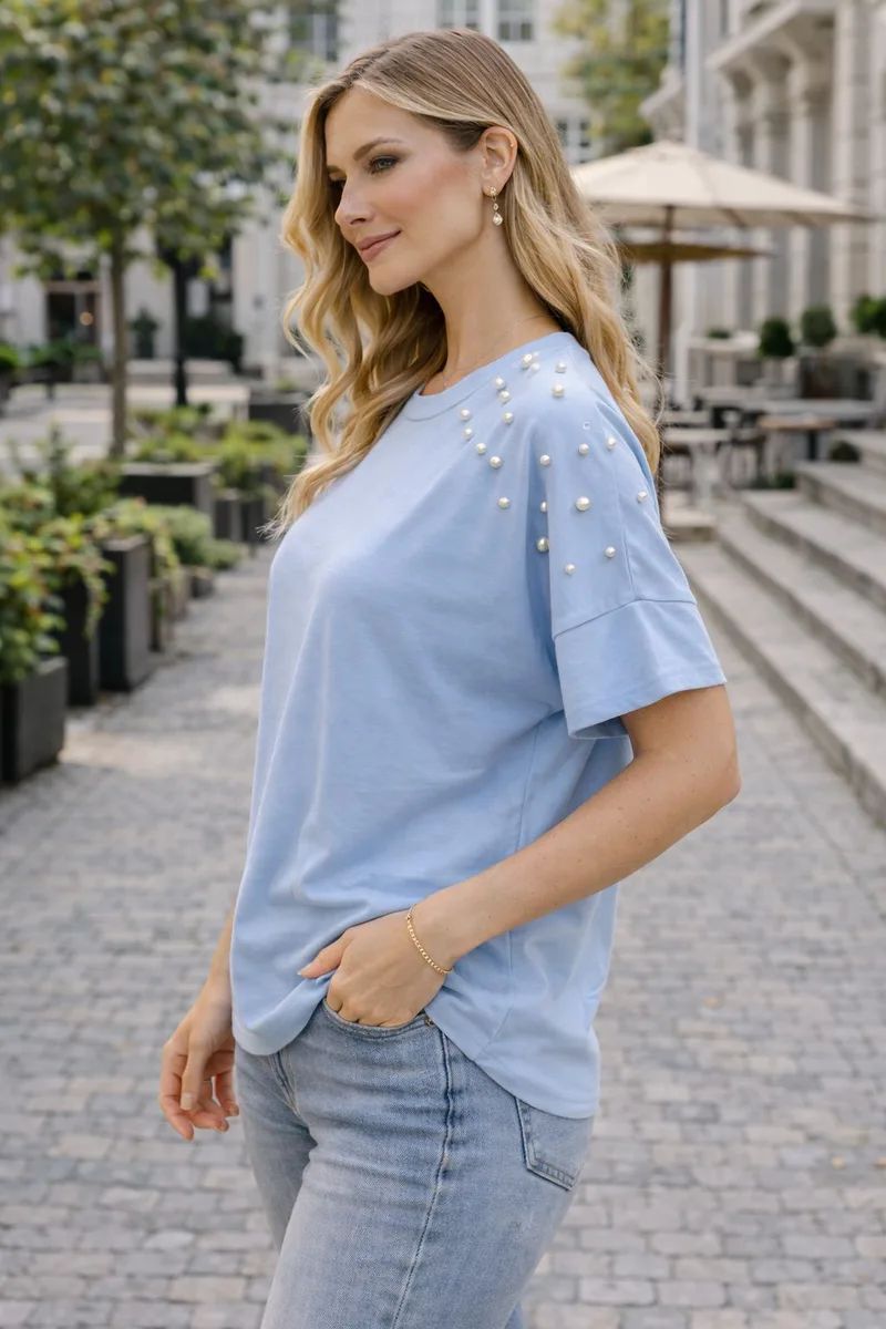 Μπλούζα Γυναικεία Με Πέρλες Στους Ώμους – Casual Chic T-Shirt Σε Σιέλ | Dress Up Σιέλ