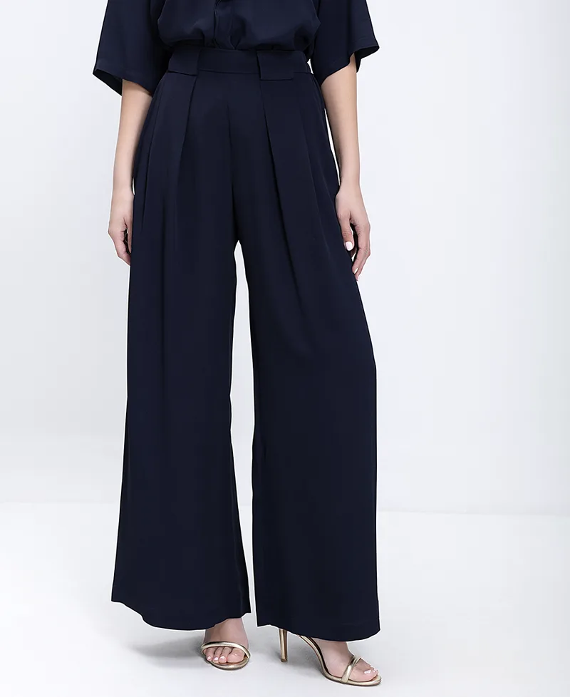 Momoni Γυναικείο Παντελόνι Wide Leg Με Πιέτες Και Ψηλόμεση Γραμμή