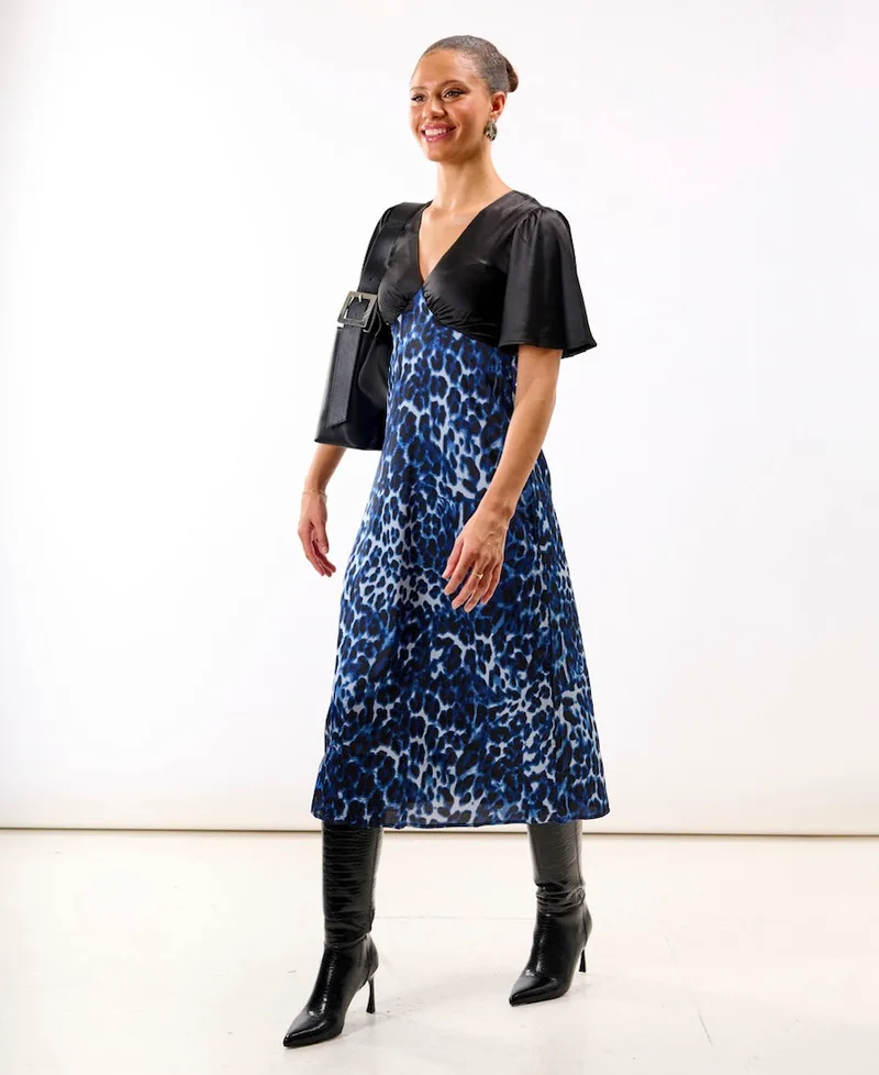 Blue Leopard Printed Satin Midi Dress | Size: 10