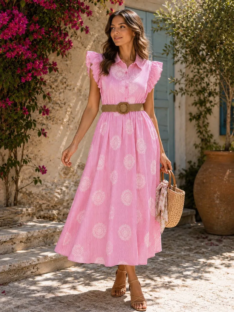 Midi Ριγέ Φόρεμα με Κέντημα & Ζώνη – Ροζ | Dress Up Ροζ