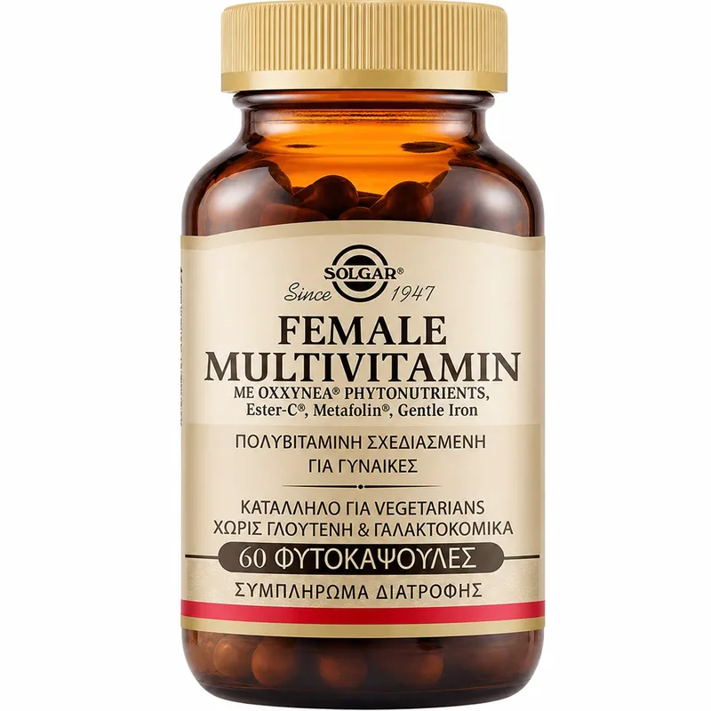 Solgar Female Multivitamin Συμπλήρωμα Διατροφής Φόρμουλας Βιταμινών, Μετάλλων & Εκχυλίσματος Βοτάνων Ειδικά Σχεδιασμένη για Γυναίκες για Υποστήριξη των Οστών, Ενίσχυση Ανοσοποιητικού & Ορμονική Ισορροπία με Αντιοξειδωτική Δράση 60veg.caps