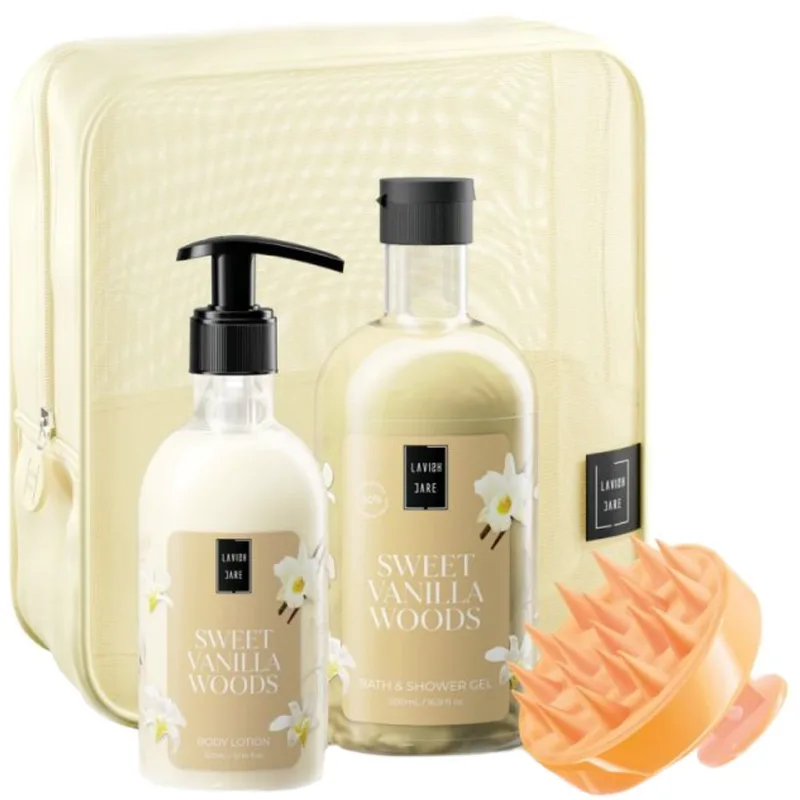 Lavish Care Promo Sweet Vanilla Woods Bath & Shower Gel 500ml & Body Lotion 300ml & Αξεσουάρ Μασάζ Κεφαλής 1 Τεμάχιο & Νεσεσέρ 1 Τεμάχιο,Ενυδατικό Αφρόλουτρο με Άρωμα Βανίλια & Ενυδατική Κρέμα Σώματος Ευχάριστο Άρωμα Βανίλια με Αντλία