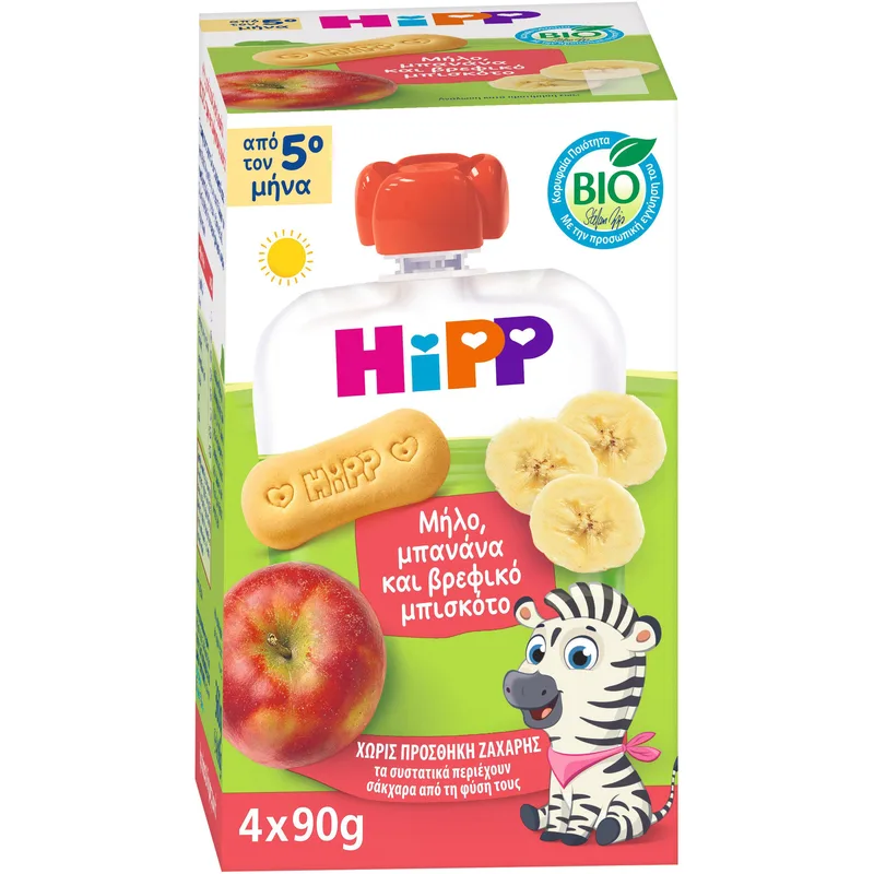 Hipp Promo Bio Fruit Puree with Apple, Banana & Baby Biscuit 5m+ Βιολογική Κρέμα Μήλου, Μπανάνας & Βρεφικού Μπισκότου Χωρίς Προσθήκη Ζάχαρης για Βρέφη από τον 5ο Μήνα 360g (4x90g)