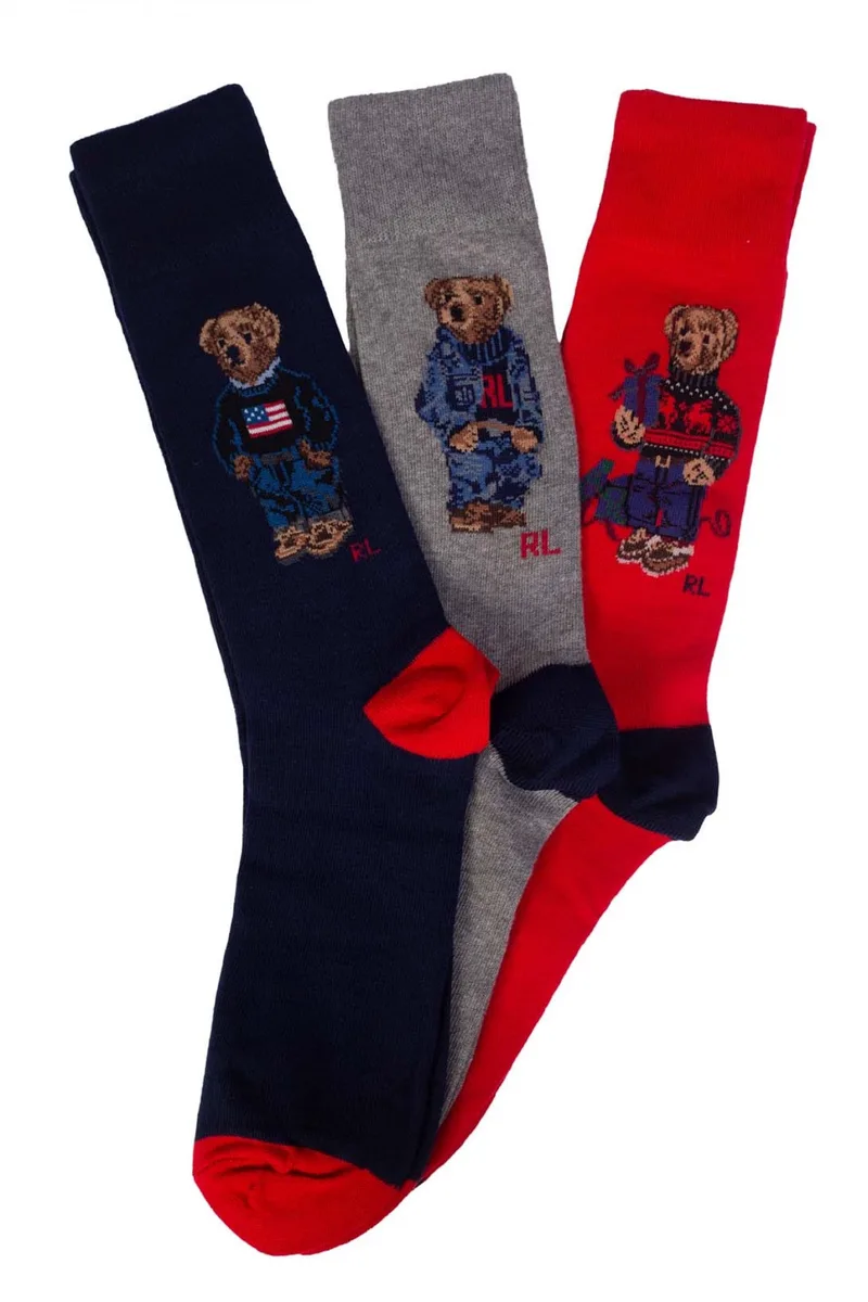 RALPH LAUREN ΚΑΛΤΣΕΣ 3PAIRS LOGO BEAR ΜΠΛΕ-ΚΟΚΚΙΝΟ-ΓΚΡΙ