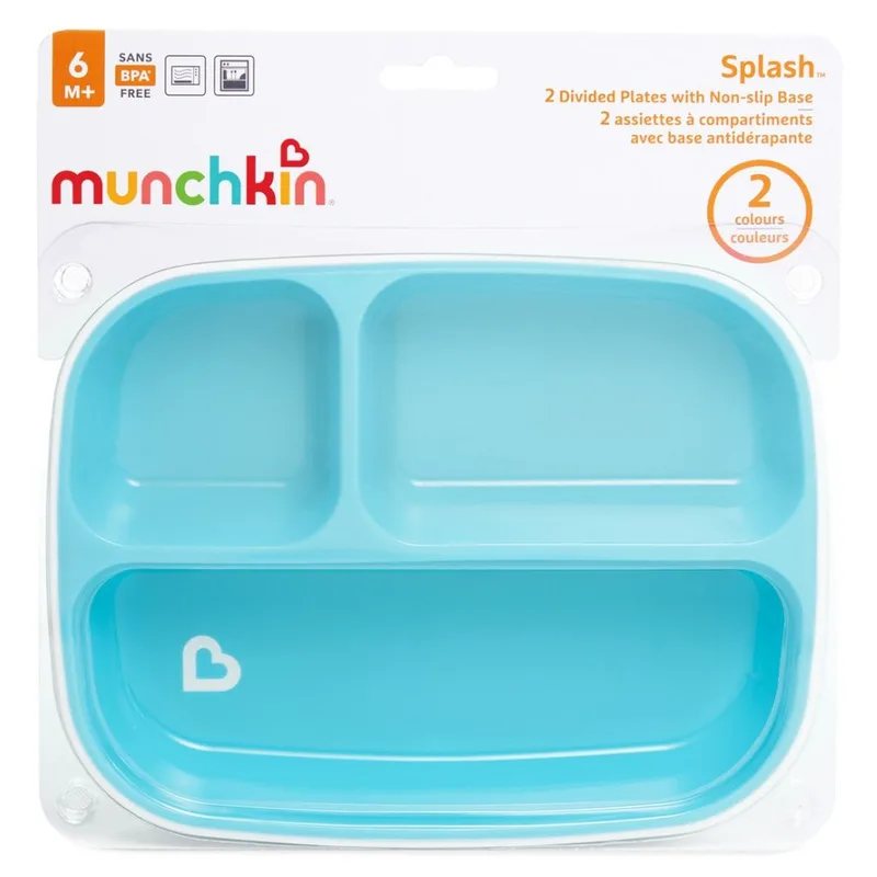 Munchkin Splash Divided Plates With Non-slip Base 6m+ Βρεφικά Πιάτα με Χωρίσματα & Αντιολισθητική Βάση 2 Τεμάχια - Γαλάζιο / Λαχανί