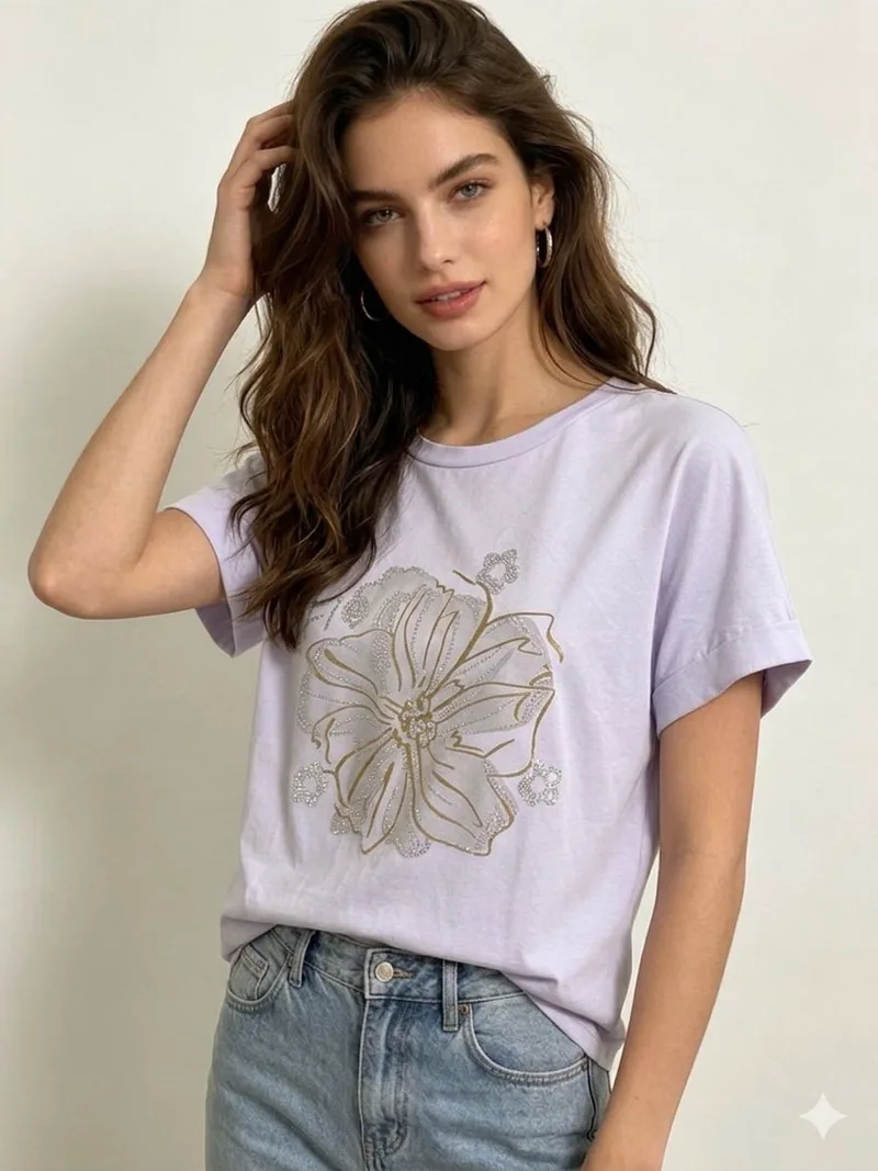 T-Shirt Με Print Λουλούδι – Λιλά | Dress Up Λιλά