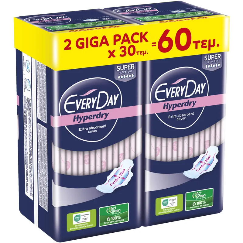 Σετ Every Day Hyperdry Super Ultra Plus Giga Pack Λεπτές Σερβιέτες Μεγάλου Μήκους με Φτερά Προστασίας 60 Τεμάχια (2x30 Τεμάχια)
