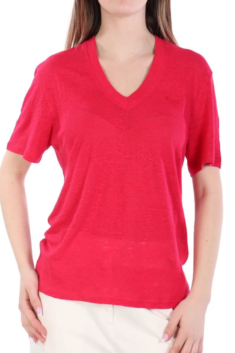 BOSS T-SHIRT C_ELA V-NECK LOGO ΣΚΟΥΡΟ ΡΟΖ