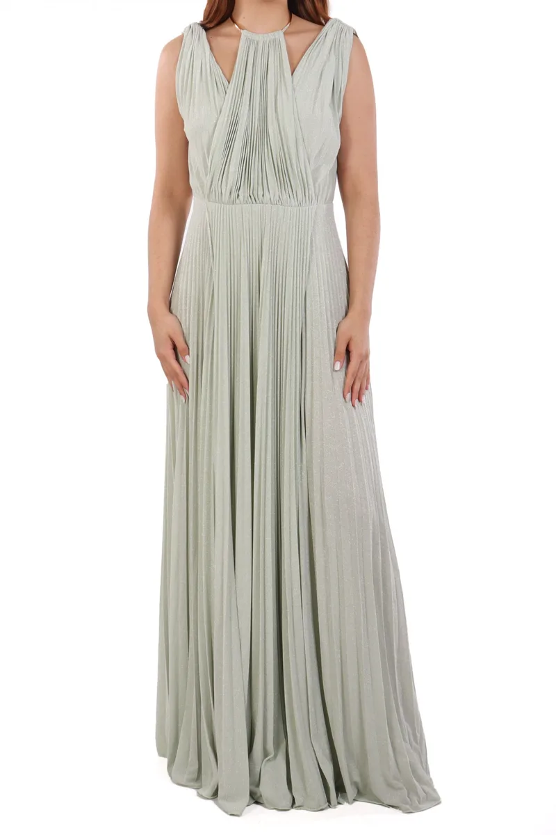 ELISABETTA FRANCHI ΦΟΡΕΜΑ RED CARPET MAXI ΠΛΙΣΕ ΑΝΟΙΓΜΑΤΑ ΠΛΑΙ LUREX ΠΡΑΣΙΝΟ ΜΕΝΤΑΣ