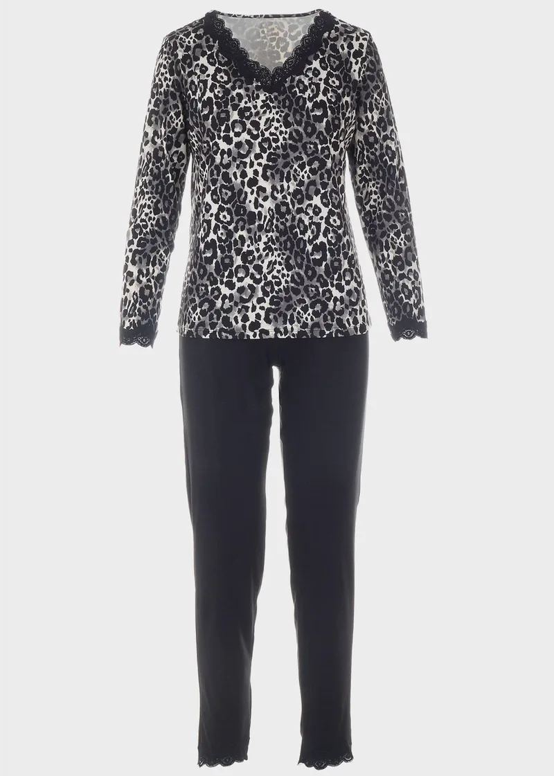 Γυναικεία πιτζάμα animal print λεπτομέρειες δαντέλας ΜΑΥΡΟ