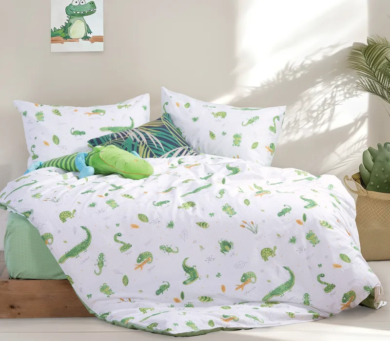 Σετ Παιδικά Σεντόνια Μονά 3 Τεμαχίων Nef-Nef Cute Reptiles White/Green 170x260