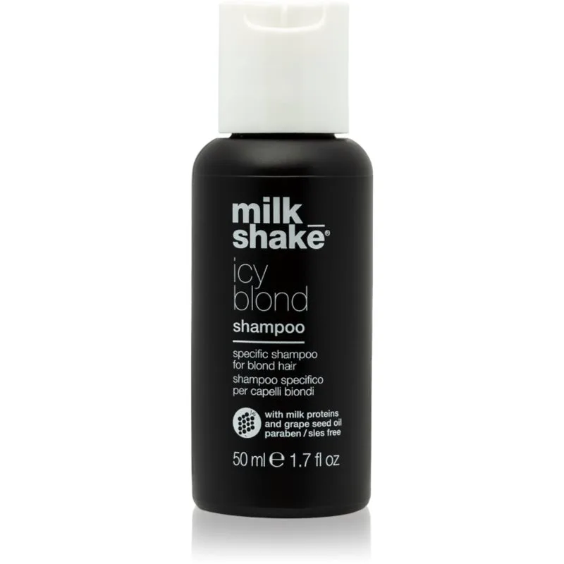 milk_shake® Icy Blond Shampoo σαμπουάν που εξουδετερώνει τους κίτρινους τόνους για ξανθά μαλλιά 50 ml