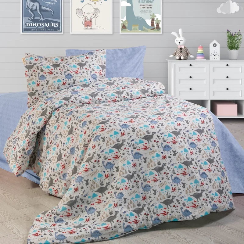 Παιδική Παπλωματοθήκη Μονή Dimcol Dino 309 White-Blue 160x240