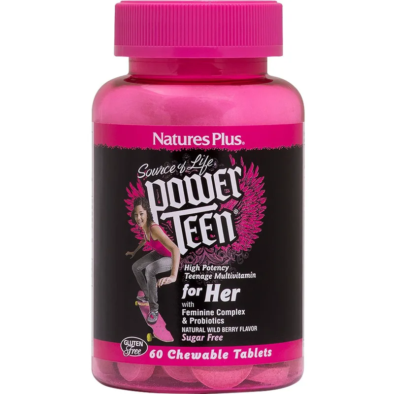 Natures Plus Power Teen For Her Συμπλήρωμα Διατροφής Βιταμινών, Μετάλλων & Ιχνοστοιχείων Ειδικά Σχεδιασμένο για Έφηβες για Ενέργεια, Τόνωση & Συγκέντρωση για Προστασία του Ουροποιητικού με Γεύση Άγριων Μούρων 60 Chew.tabs