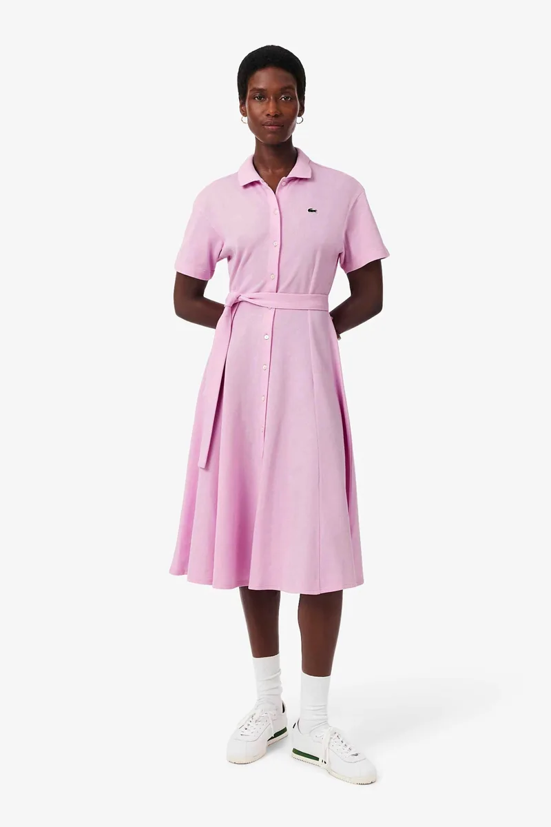 Lacoste γυναικείο midi φόρεμα πόλο σεμιζιέ πικέ με κεντημένο λογότυπο Flared Cut - EF9621-00 Ροζ Ανοιχτό