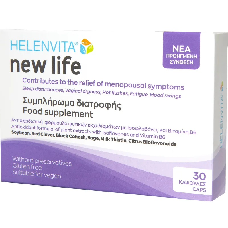 Helenvita New Life Συμπλήρωμα Διατροφής με Εκχυλίσματα Φυτών Πλούσιο σε Ισοφλαβόνες & Βιταμίνες για Ορμονική Ισορροπία, Καθυστέρηση Απώλειας Οστού, Μείωση Εξάψεων & Συναισθηματική Σταθερότητα για Γυναίκες στην Εμμηνόπαυση 30caps