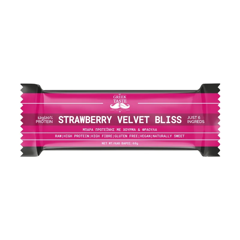 Strawberry Velvet Bliss No Guilt Protein Dessert – myGreekTaste – 60gr Ελλάδα High Protein High Fibre Gluten Free Lactose Free Vegan Naturally Sweetened Palm Oil Free
