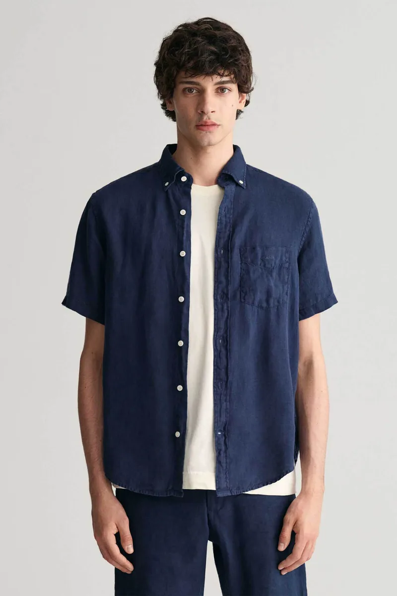 Gant ανδρικό λινό πουκάμισο button down με τσέπη και λογότυπο Regular Fit - 3240121 Μπλε Σκούρο