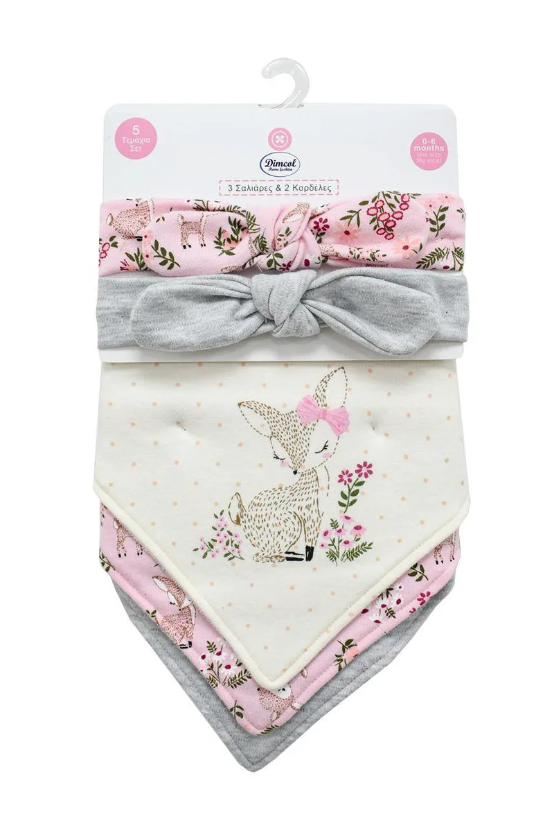 Σαλιάρα Μπαντάνα Interlock & Επένδυση Terry με Κουμπία bebe Σετ 5 Τεμ. Deer 25 20X42.5 Ροζ 60/40 Cott/Pol