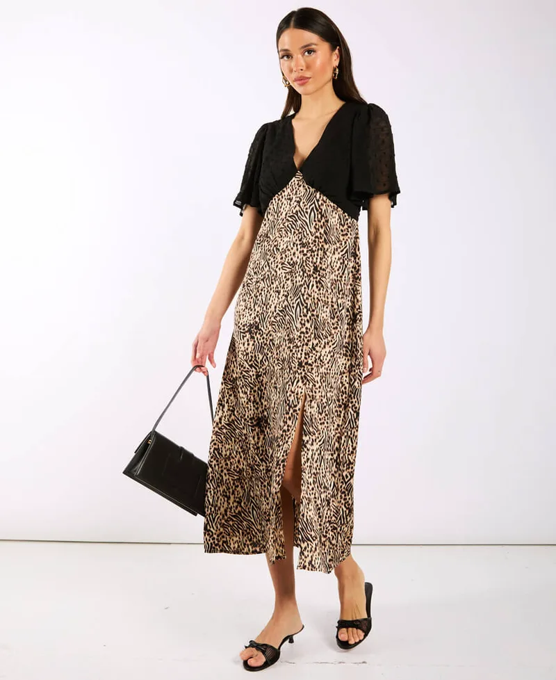 Animal Satin Mix Flutter Sleeve Midi Dress | Size: 10