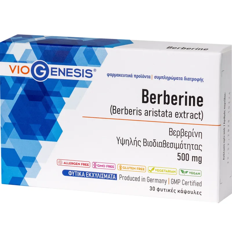 Viogenesis Berberine 500mg Συμπλήρωμα Διατροφής Βερβερίνης για Υγιή Επίπεδα Σακχάρου στο Αίμα με Αντιοξειδωτική Δράση 30caps