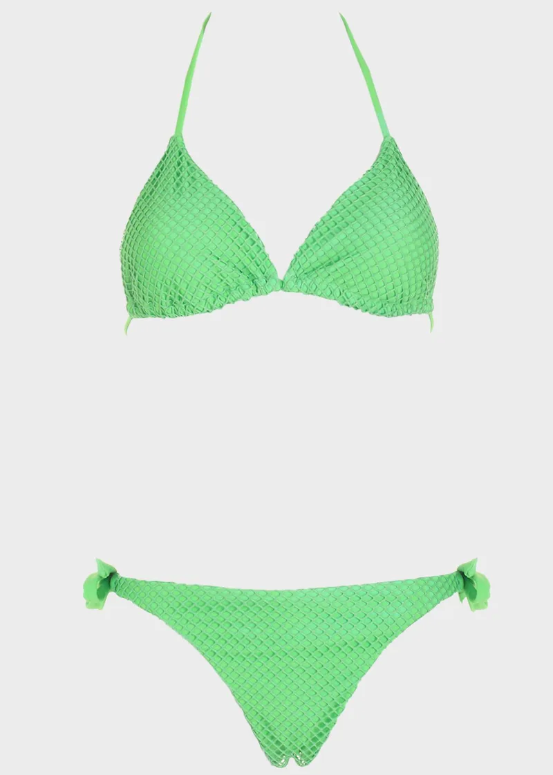 Σετ bikini τριγωνάκι μονόχρωμο με ελαστικό δίχτυ. Καλύπτει B Cup ΠΡΑΣΙΝΟ