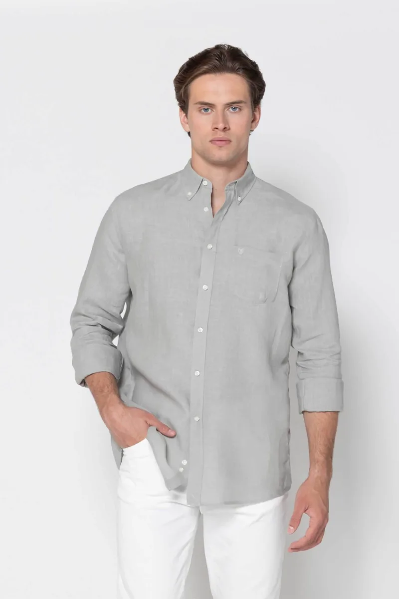 The Bostonians ανδρικό λινό πουκάμισο button down με τσέπη και κεντημένο λογότυπο Regular Fit - AAP2412 Γκρι
