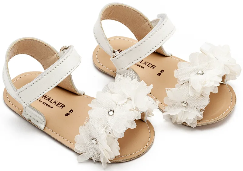 Babywalker Βαπτιστικά Πέδιλα Αγκαλιάς με Chiffon Λουλούδια MI1633 Λευκό