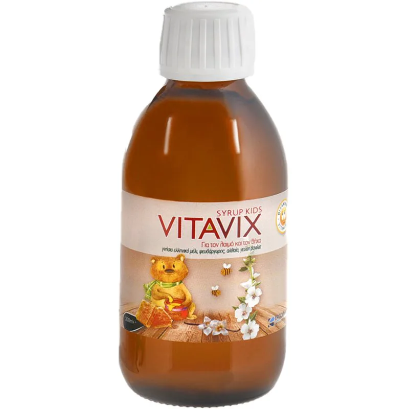 Vitavix For the Throat & Cough Kids Syrup Συμπλήρωμα Διατροφής σε Σιρόπι για Παιδιά από 3 Ετών με Εκχύλισμα Βοτάνων,Βιταμίνη C,Μέλι & Ψευδάργυρο για Αντιμετώπιση του Βήχα,Ενίσχυση του Ανοσοποιητικού & Καταπράυνση του Ερεθισμένου Λαιμού, Γεύση Βανίλια