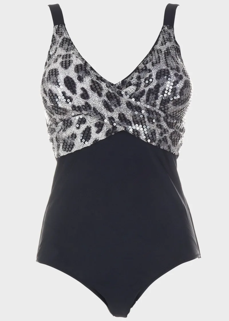 Oλόσωμο μαγιό animal print παγιέτες.Kαλύπτει C Cup. ΜΑΥΡΟ