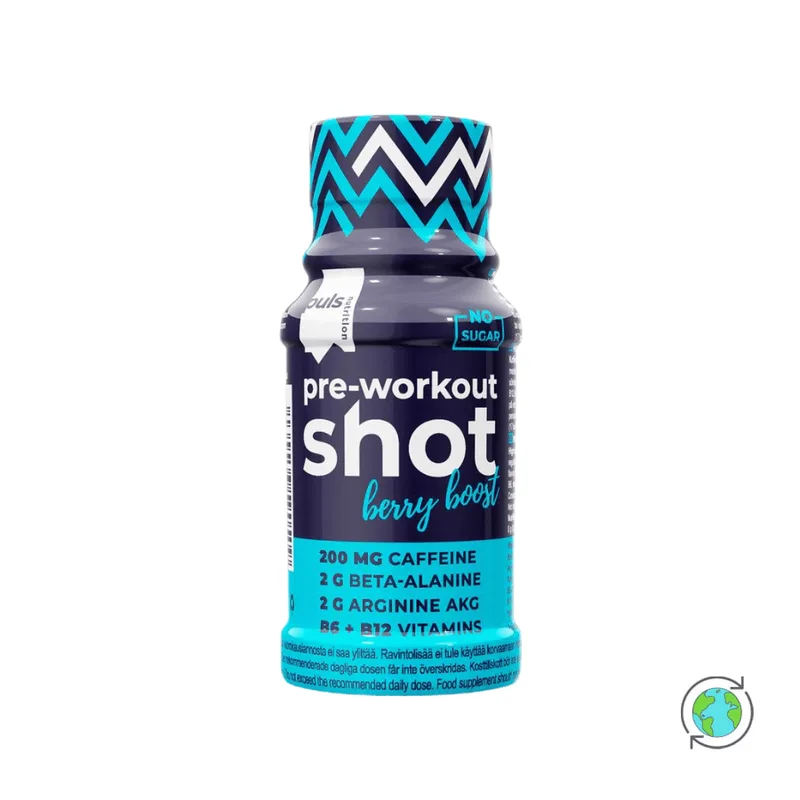 Pre-Workout Shot Berry Boost - Puls Nutrition - 60ml Φινλανδία No Sugar Added Gluten Free Lactose Free Vegan Palm Oil Free