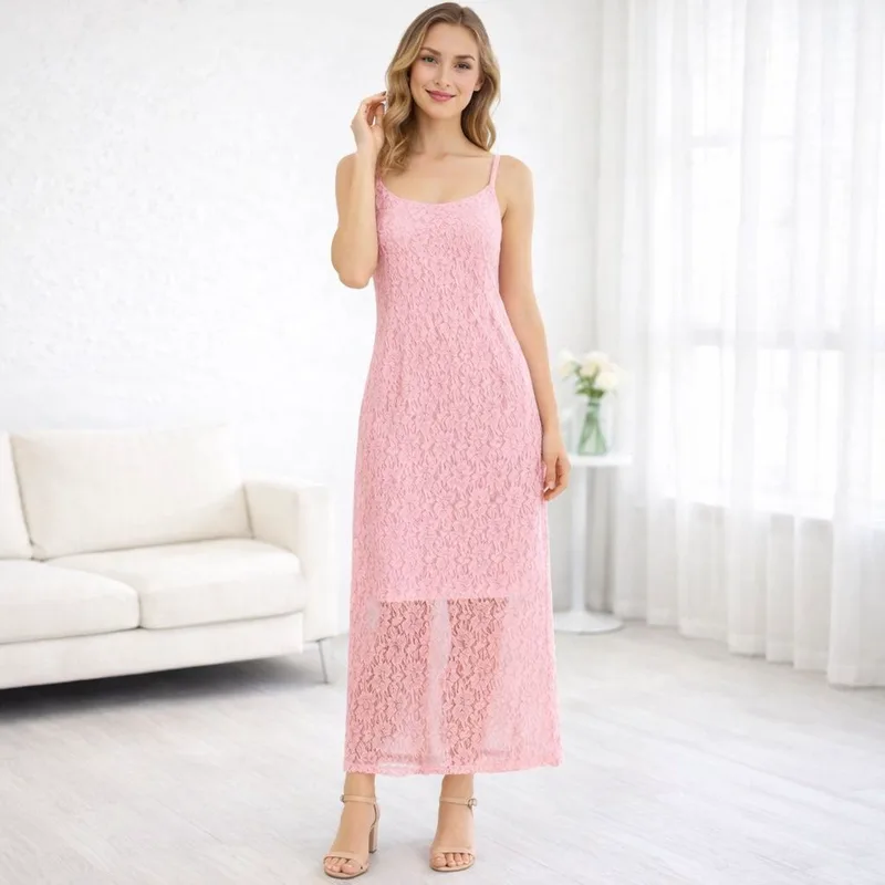 Midi Δαντελένιο Φόρεμα Με Τιράντες – Ροζ | Dress Up Ροζ