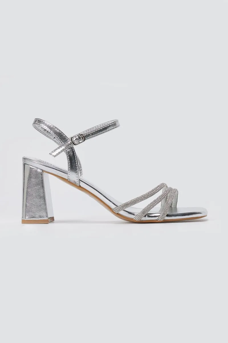 BOTEGGA 22 Block Heel Sandals Rhinestone Straps - BOT15 - Silver Metallic