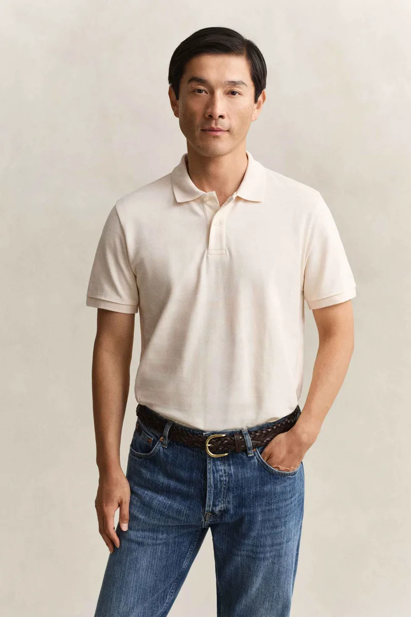 Gant ανδρική μπλούζα πόλο textured με ton-sur-ton ριγέ σχέδιο και λογότυπο Regular Fit - 2014096 Εκρού