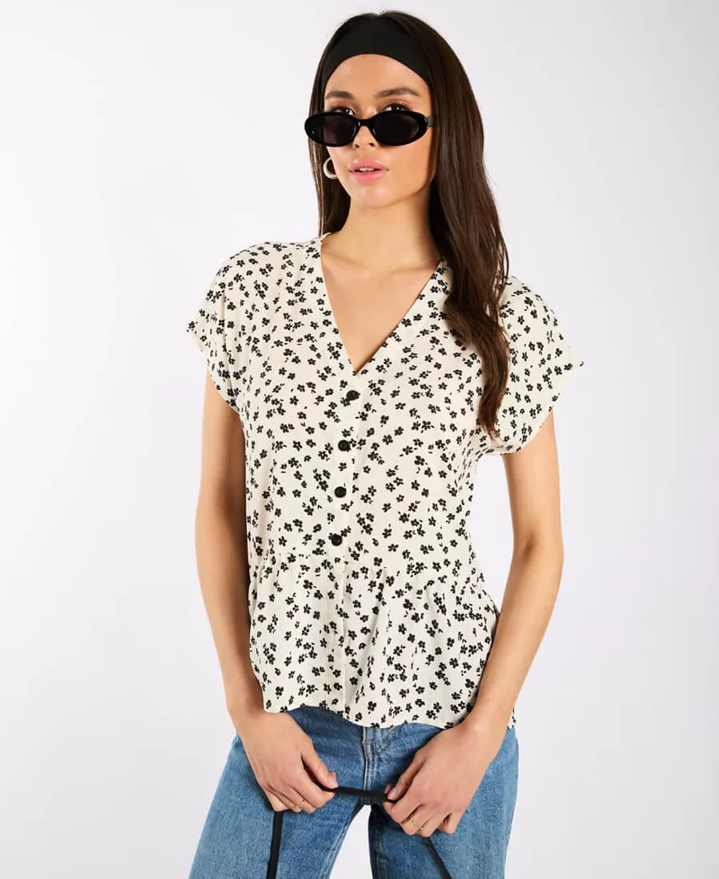 Ivory Floral Tiered Hem Top | Clothing Size: 12