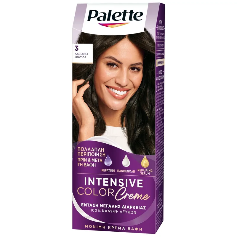 Schwarzkopf Palette Intensive Hair Color Creme Kit Μόνιμη Κρέμα Βαφή Μαλλιών για Έντονο Χρώμα Μεγάλης Διάρκειας & Περιποίηση 1 Τεμάχιο - 3 Καστανό Σκούρο