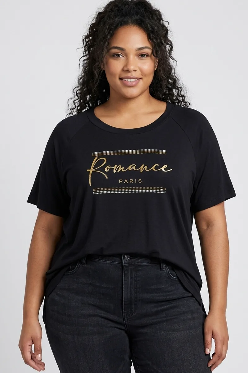 Μπλούζα με τύπωμα "Romance" και στρας μαύρο χρώμα plus size