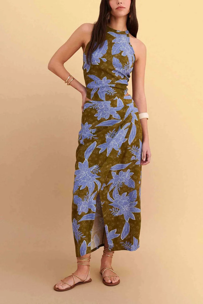 Attrativo γυναικείο αμάνικο τοπ με halter neck και floral print - 9923203 Μπλε