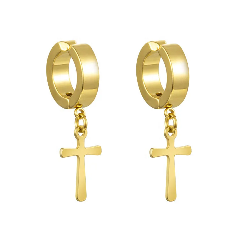 Jt Unisex σκουλαρίκια κρίκοι κλιπ με σταυρό ατσάλινα Χρυσό