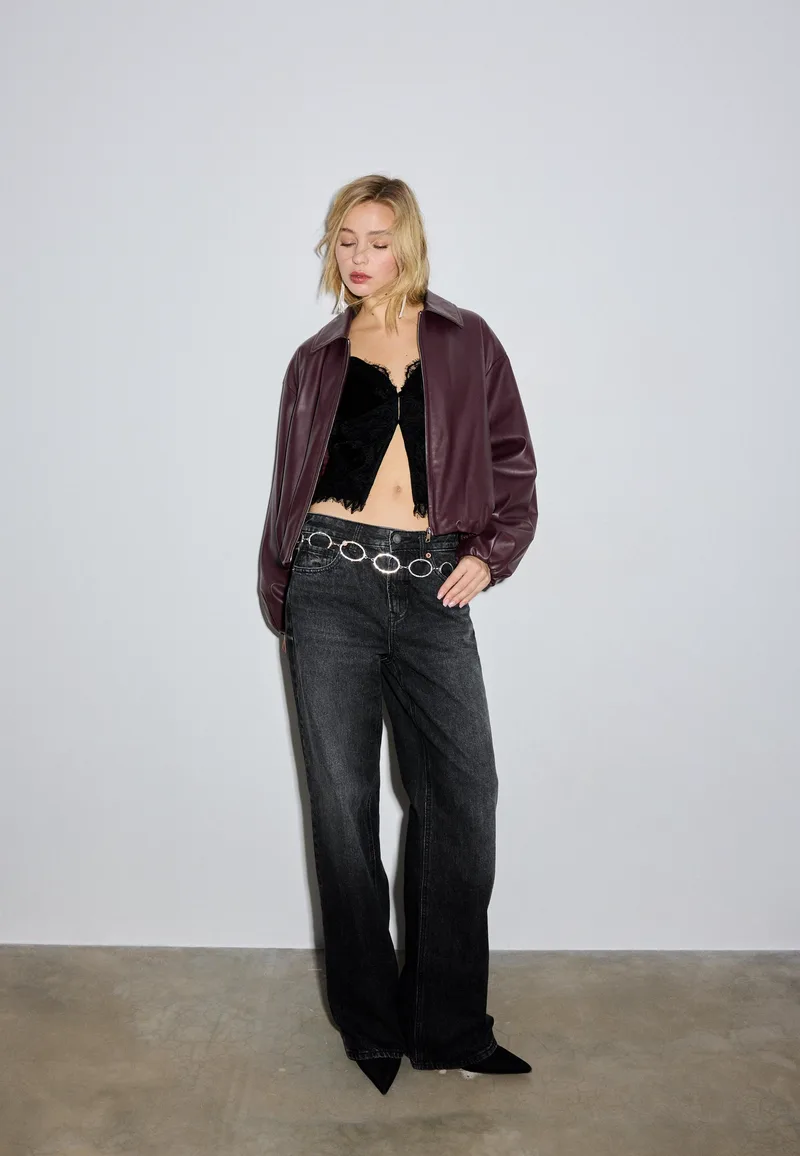 Stradivarius Καπιτονέ Bomber Τζάκετ Όψης Δέρματος Γκρενά Xl