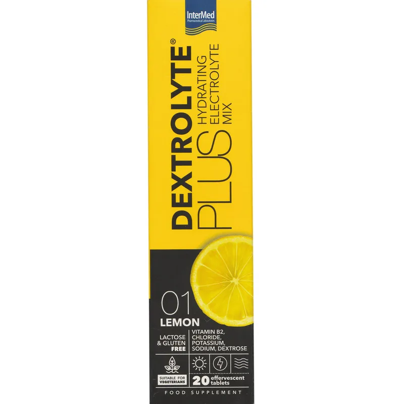 Intermed Dextrolyte Plus Hydrating Electrolyte Mix Συμπλήρωμα Διατροφής Ηλεκτρολυτών με Δεξτρόζη & Βιταμίνη Β2 για Ενυδάτωση & Ενέργεια με Γεύση Λεμόνι 20 Effer.tabs - 01 Lemon