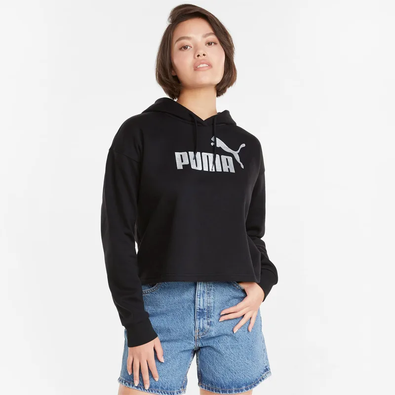 PUMA ESSENTIALS+ CROPPED METALLIC LOGO HOODIE ΜΑΥΡΟ