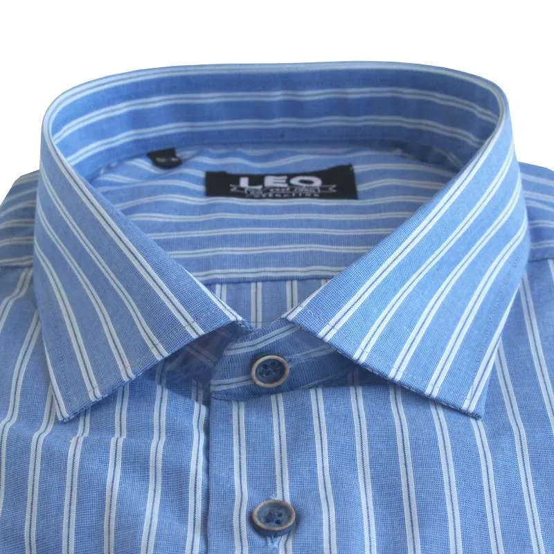 Πουκάμισο "White Stripe" γαλλικής ραφής με Rex γιακά, της Leo Collection - Cornflower Blue