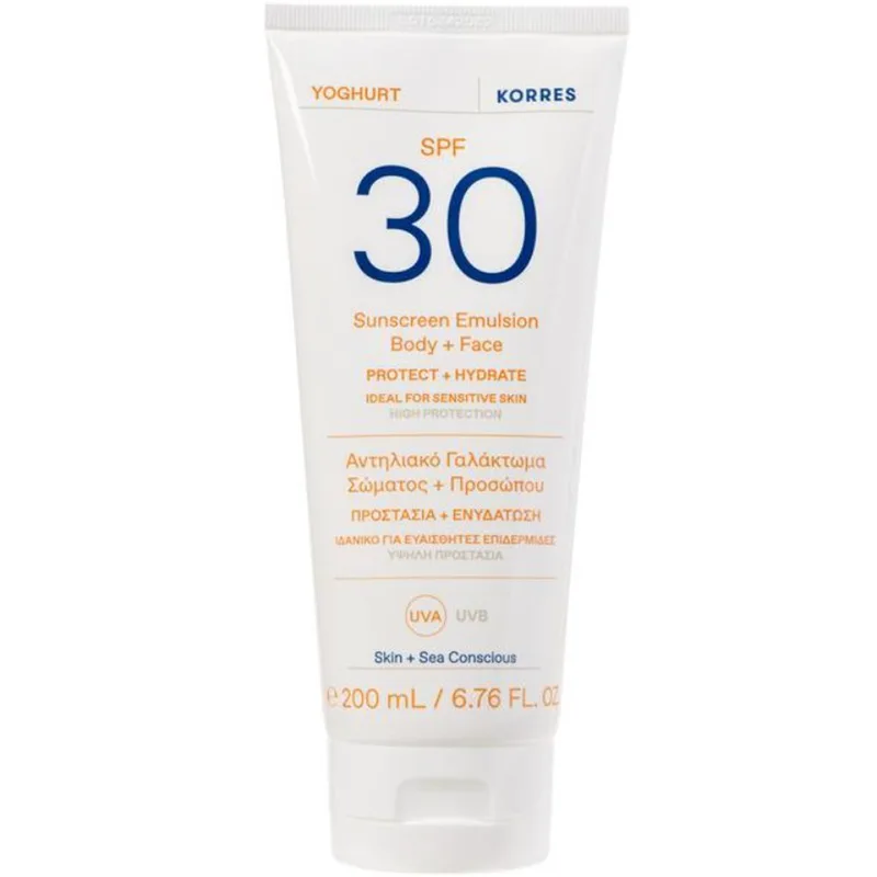 Korres Yoghurt Emulsion Face & Body Sunscreen Spf30 Αντηλιακό Γαλάκτωμα Προσώπου & Σώματος Υψηλής Προστασίας Κατάλληλο για Ευαίσθητες Επιδερμίδες, 200ml