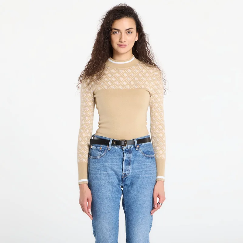 Πουλόβερ GUESS Ls Mock Neck Aubrey 4G Sweater Μπεζ L